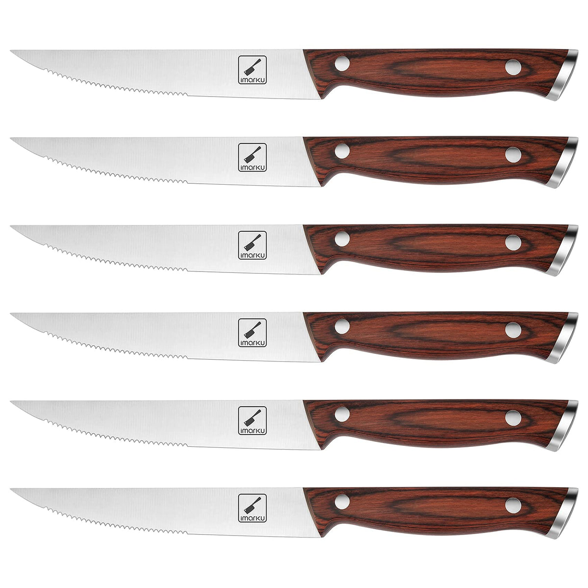 Imarku steak knives set blade closeup highlighting the micro-serrated edge for clean cuts.