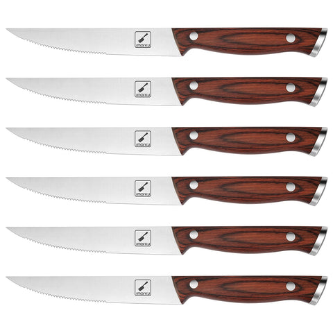 Imarku steak knives set blade closeup highlighting the micro-serrated edge for clean cuts.