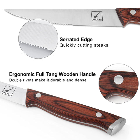 Imarku steak knives with ergonomic Pakka handle for comfortable grip during prep.