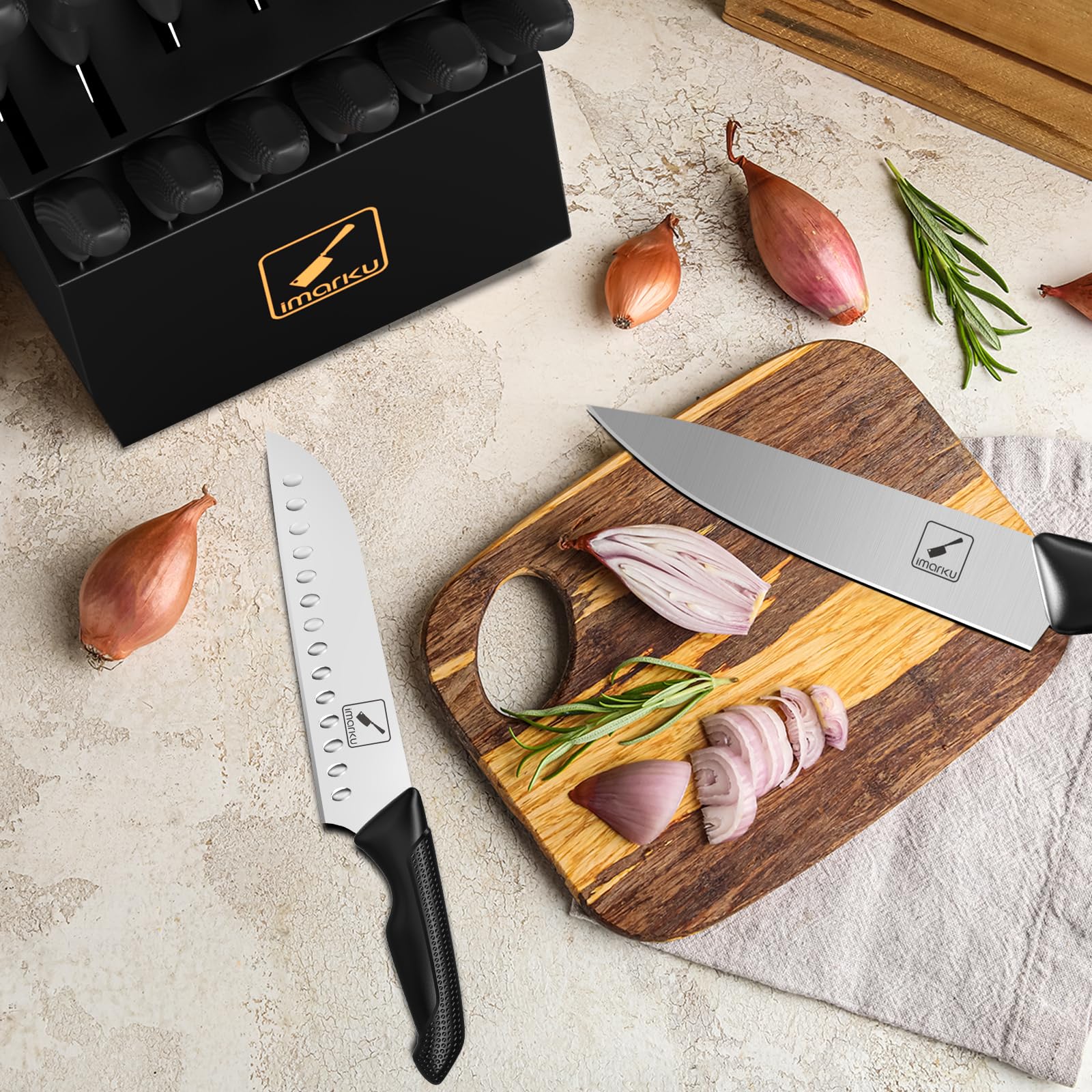 imarku wooden knife block storing all knives securely