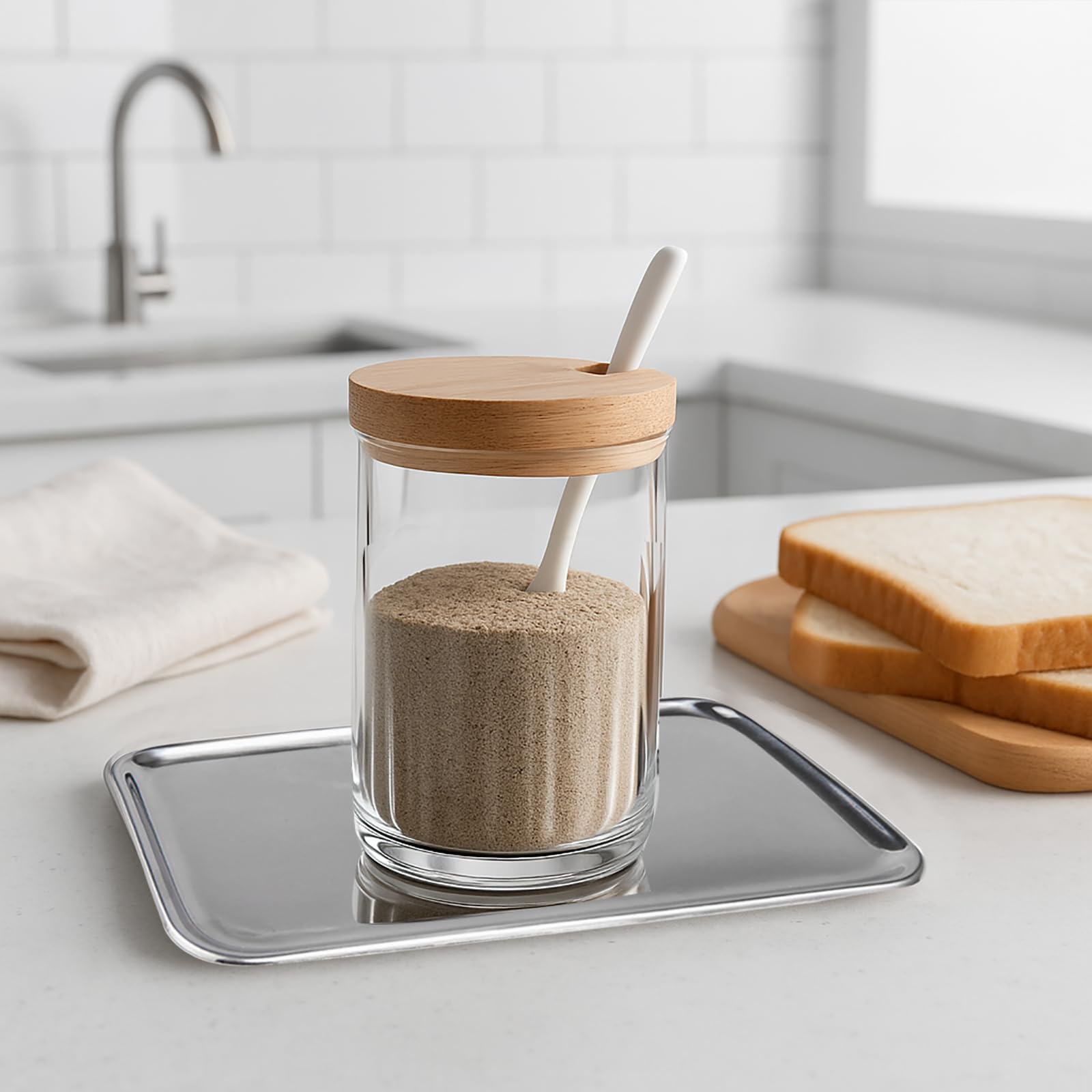 IMEEA kitchen organizer tray keeps sugar bowls and dispensers neatly arranged.