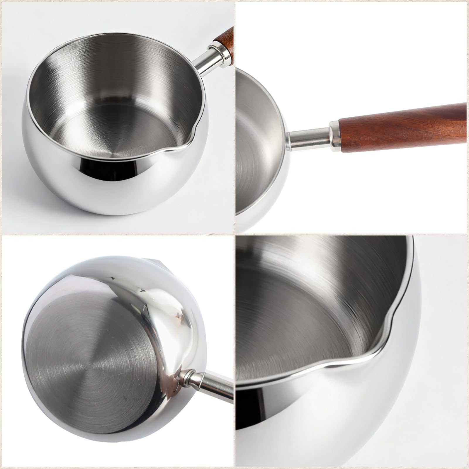 IMEEA wooden-handle butter warmer in use, showcasing cool grip and secure stirring.