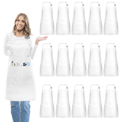 IMERAGO 15-piece adult apron bulk, front view, durable polyester for painting and cooking.