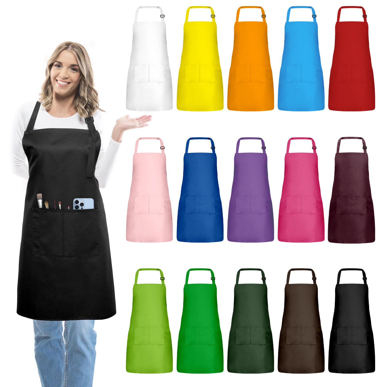 IMERAGO 15-pc bulk aprons with pockets for easy storage while cooking or crafting.