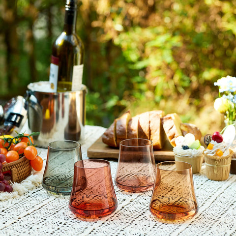 Imourari crystal stemless wine glass in amber for a cozy fall table.