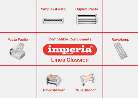 Imperia pasta maker compatibility with DUPLEX and SIMPLEX accessories expands pasta options.