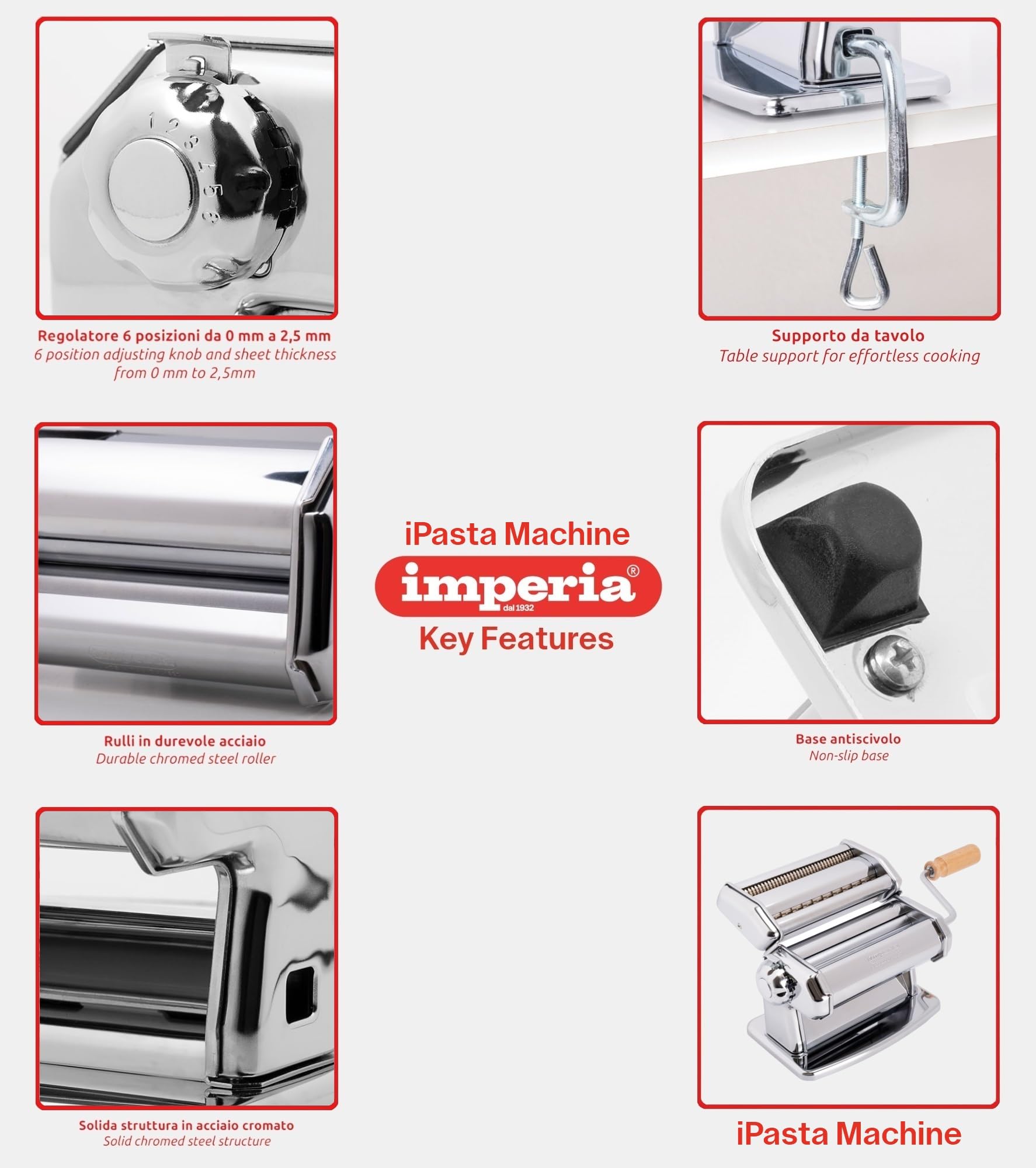 Imperia pasta maker motor attachment slot enables optional electric operation for convenience.