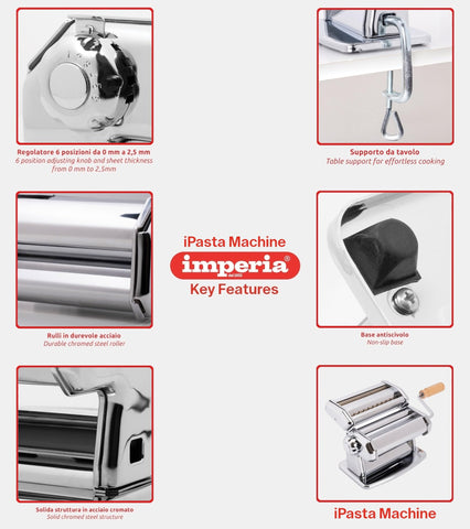 Imperia pasta maker motor attachment slot enables optional electric operation for convenience.