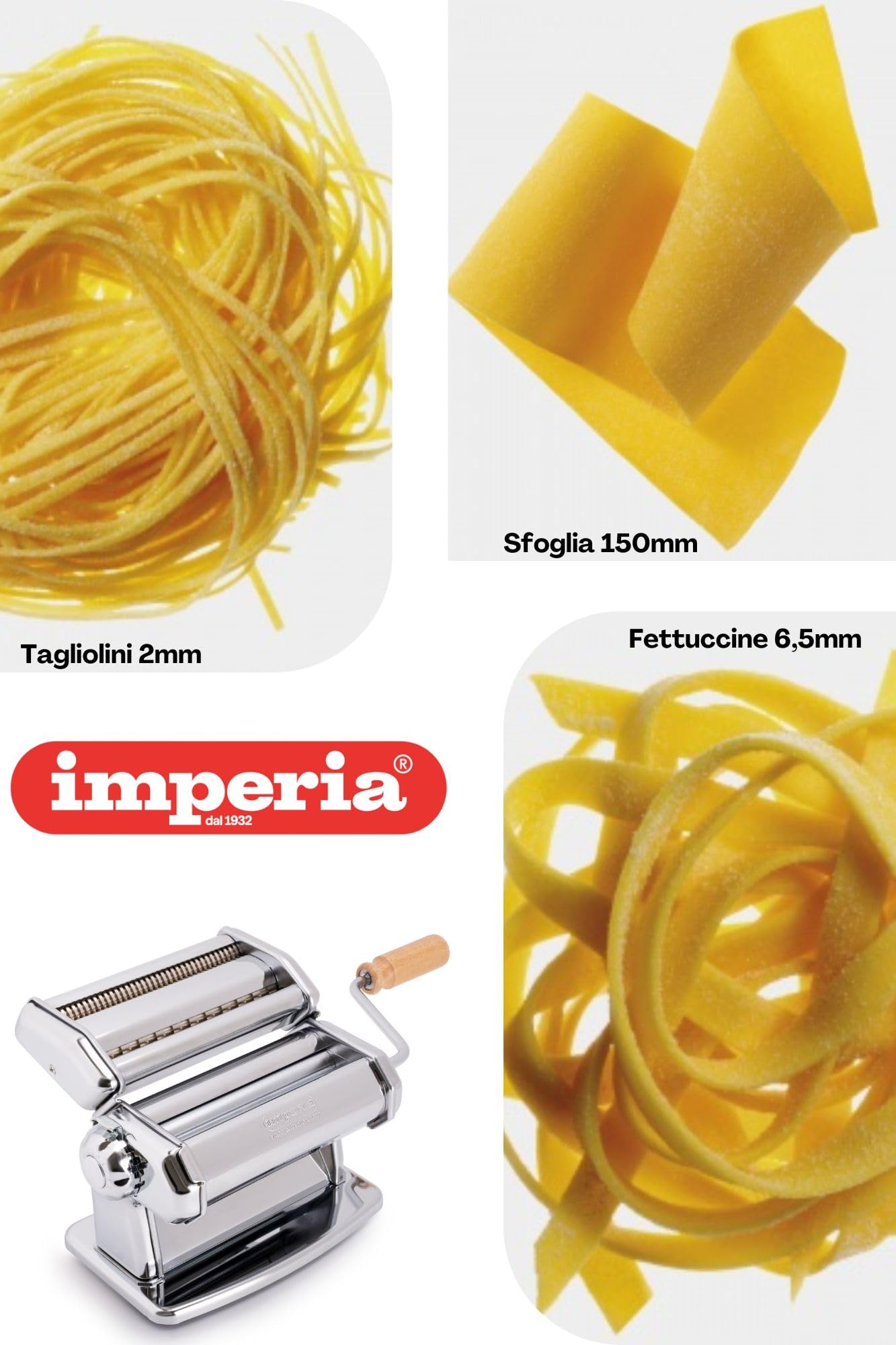 Imperia pasta maker wood grip handle provides comfortable, controlled turning during use.