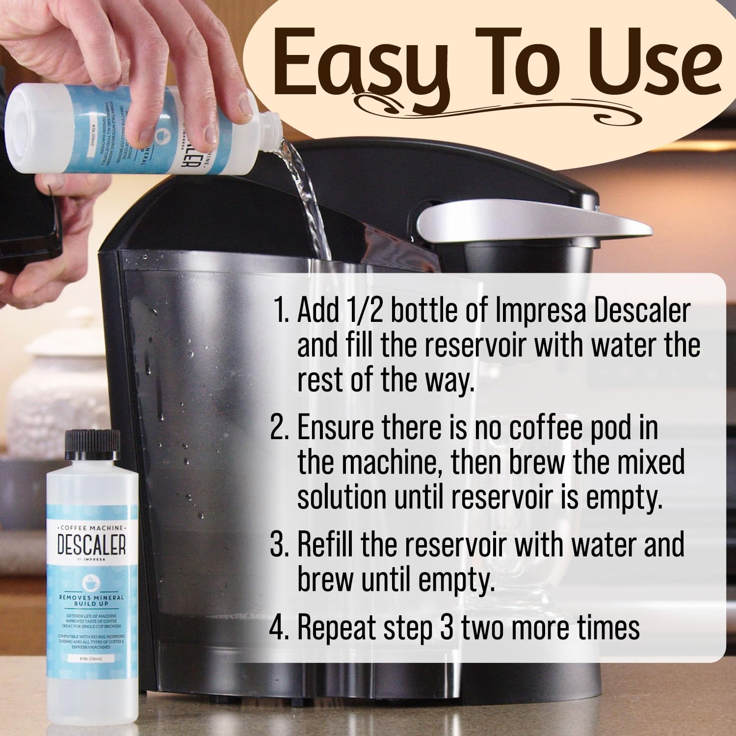 IMPRESA descaler being used with kettle for mineral buildup removal.