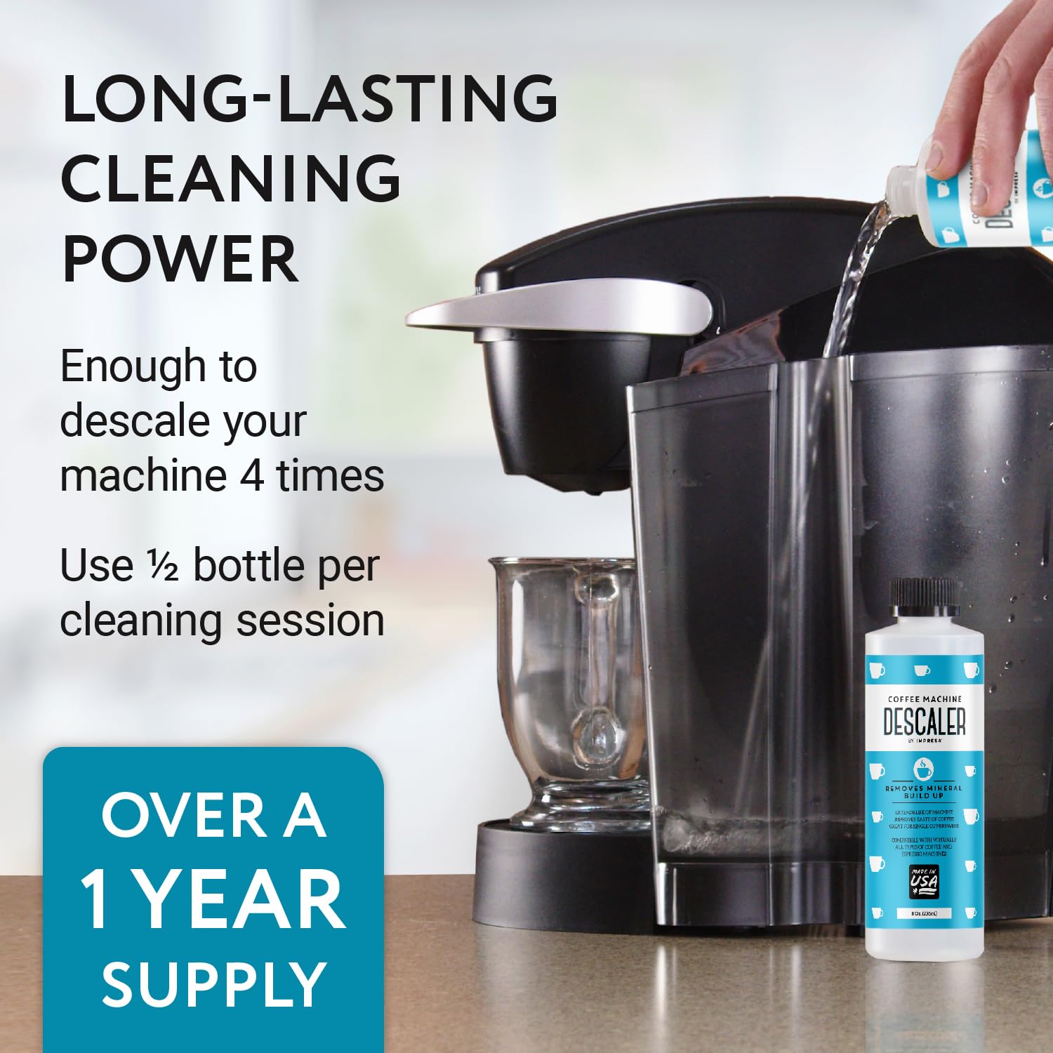 Impresa Descaler bottle poured into a coffee maker for descaling session.