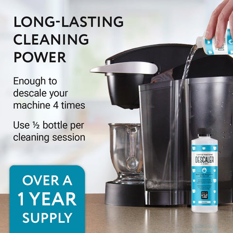 Impresa Descaler bottle poured into a coffee maker for descaling session.