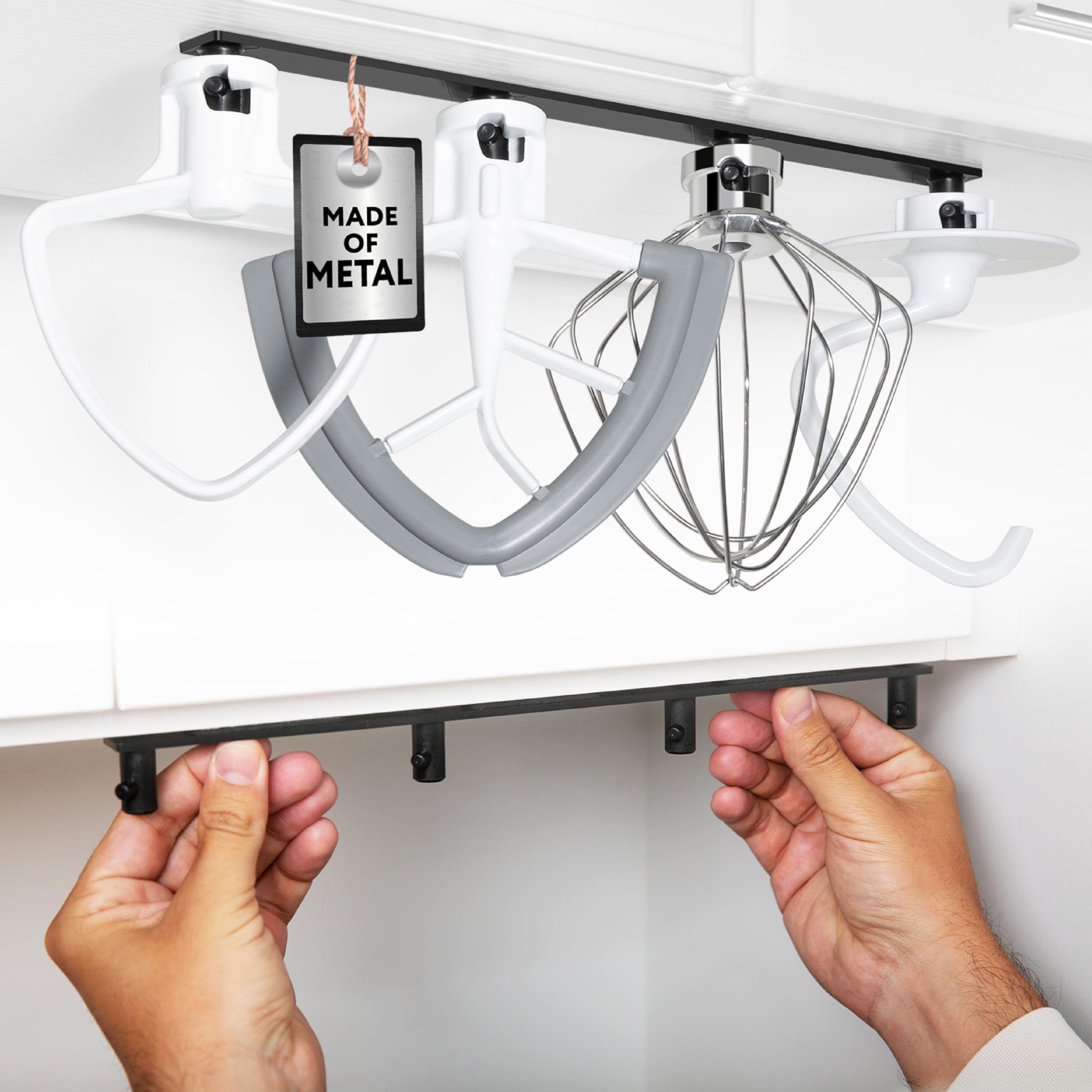 IMPRESA wall-mount attachment organizer for stand mixer accessories keeps tools organized.