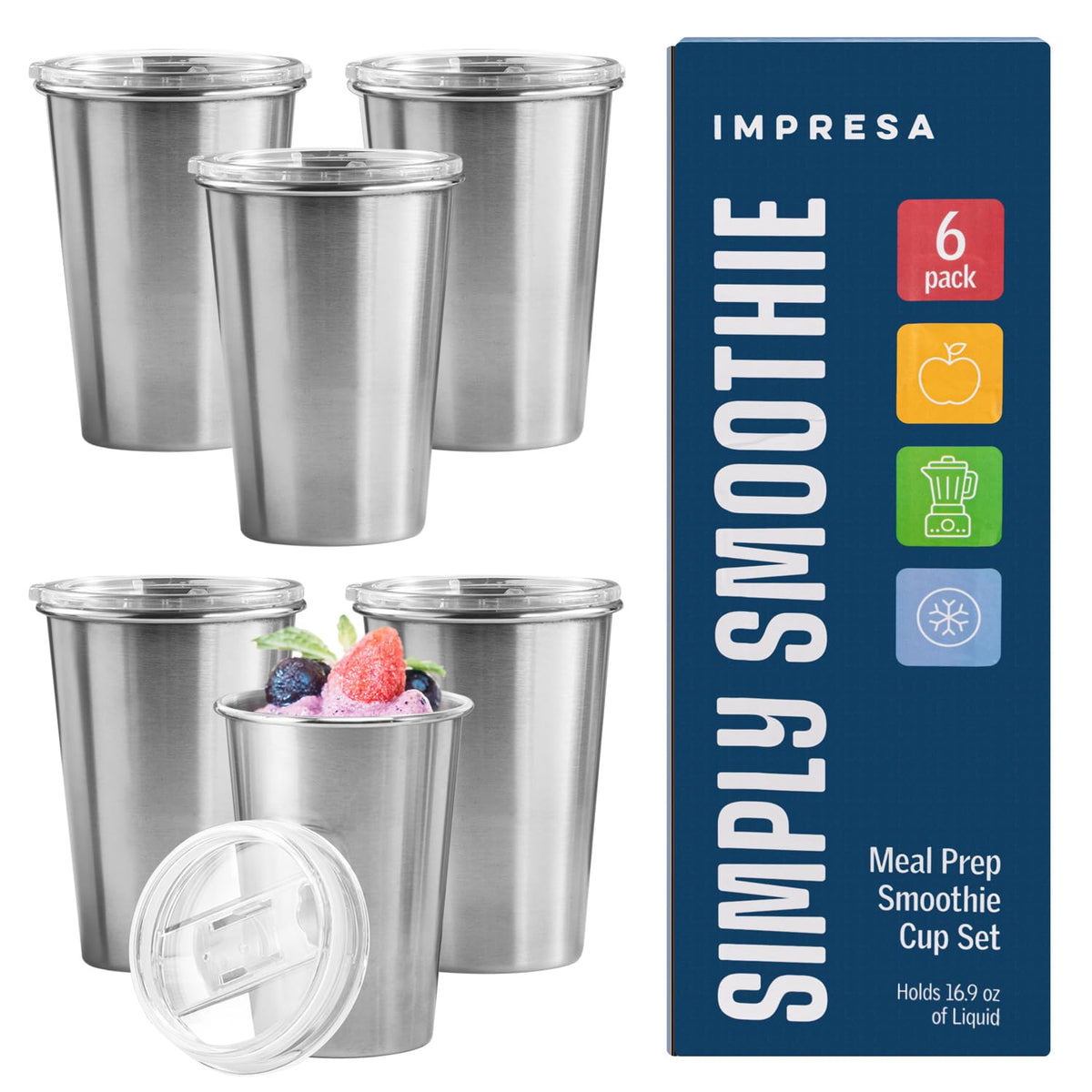 IMPRESA Smoothie Cups in glossy silver show 16.9 oz capacity for freezer-friendly beverages