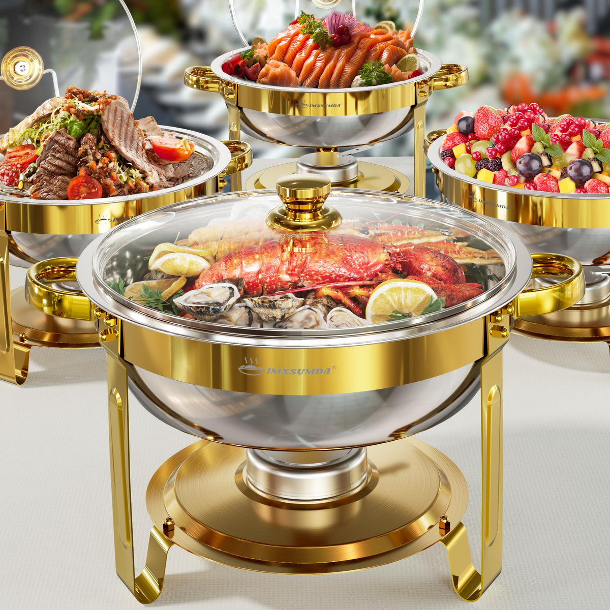 IMXSUMDA four-pack chafing dishes with glass lids for elegant buffet presentation.
