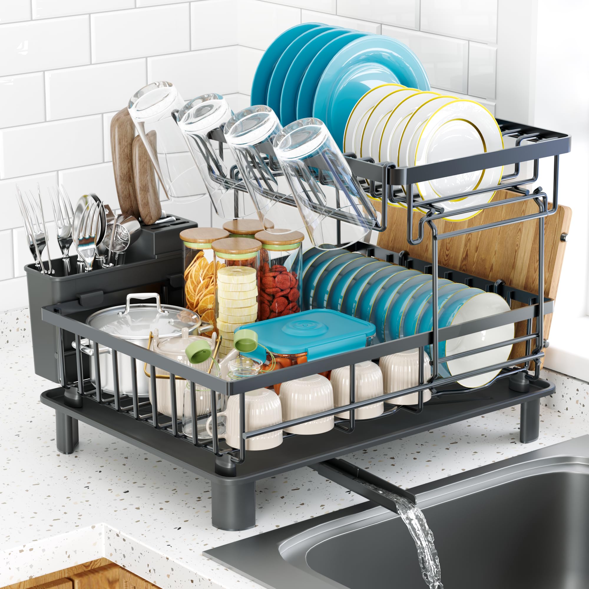 IMXSUMDA dish drying rack 2-tier design, fits compact counters for plates and bowls.