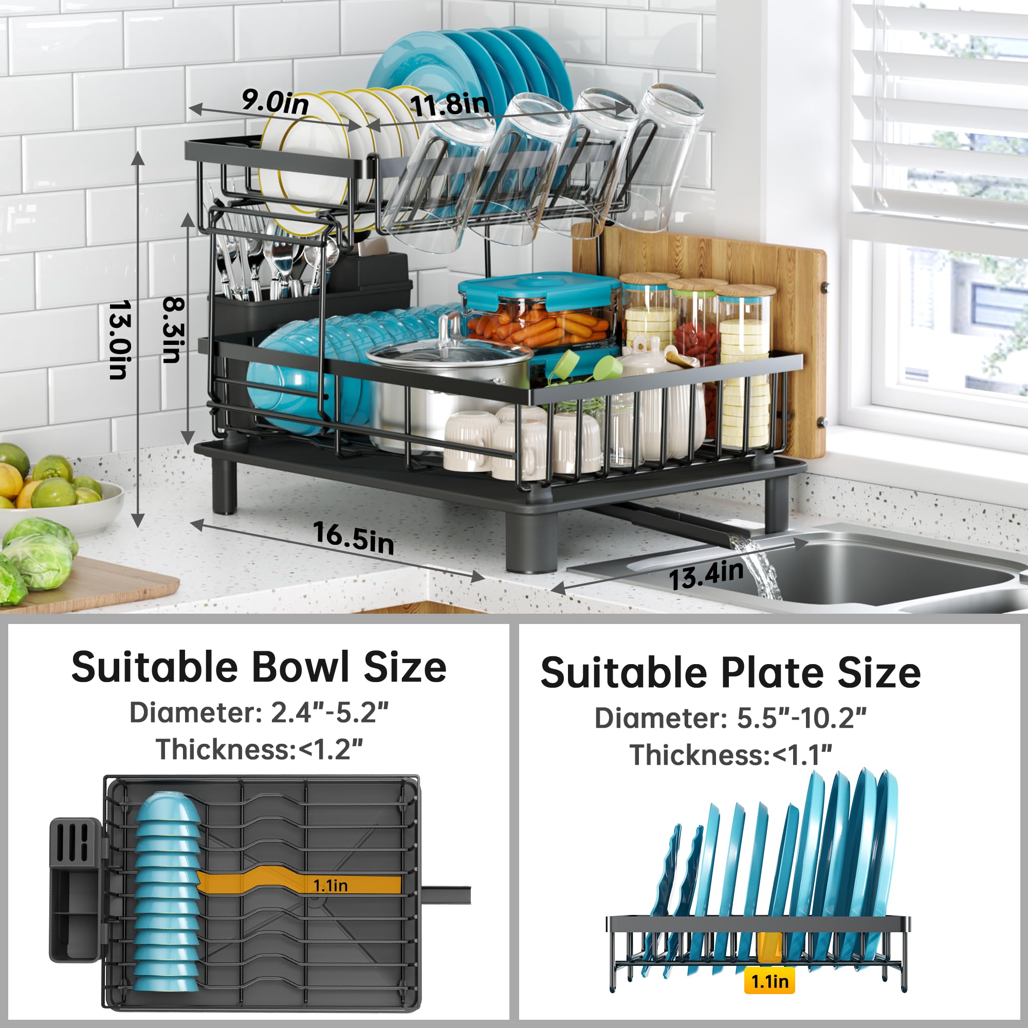 IMXSUMDA dish drying rack detachable-drain-tray keeps countertops dry and tidy.