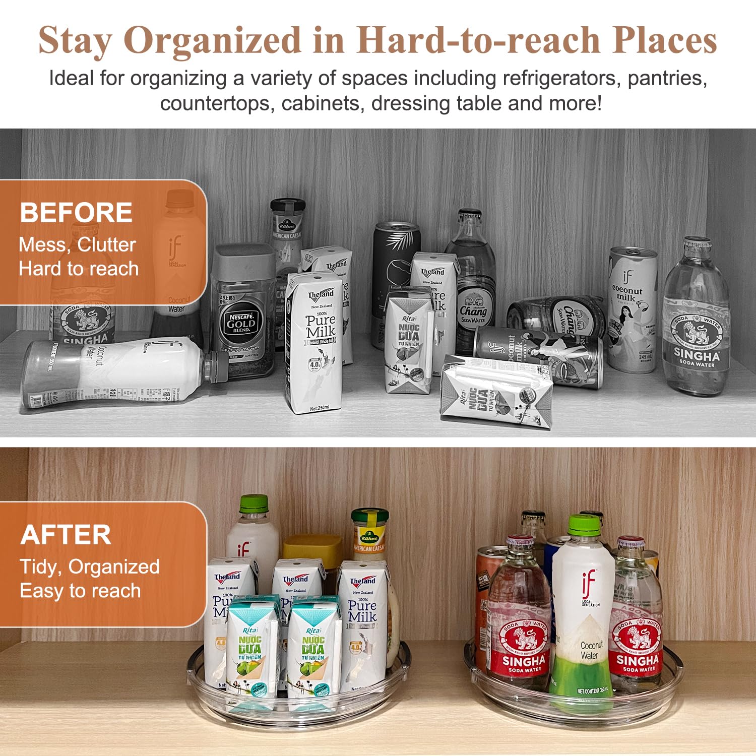Incostar pantry condiment lazy susan neatly stores bottles and jars.