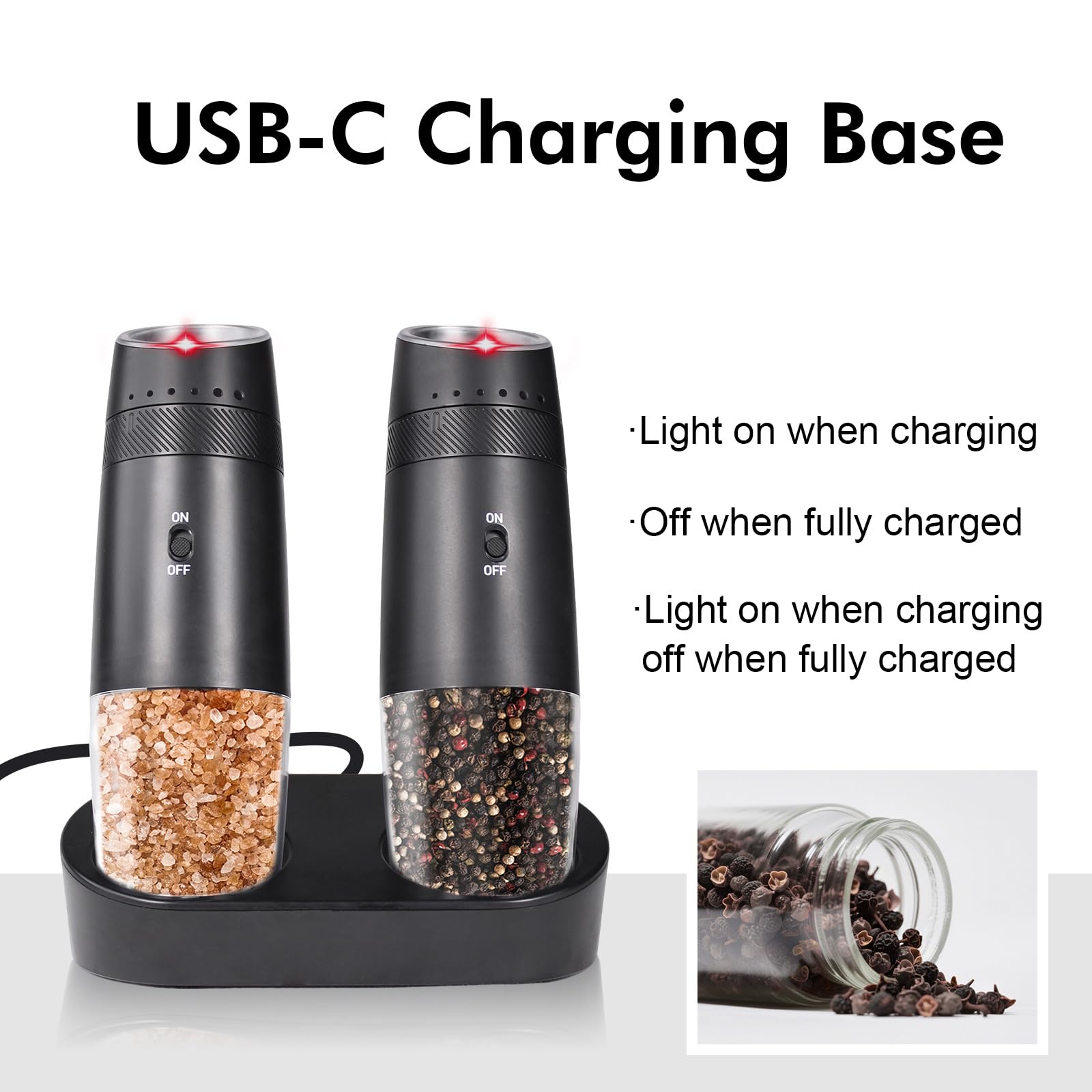 Indelala gravity electric grinder 135ml BPA-free container shows contents at a glance.