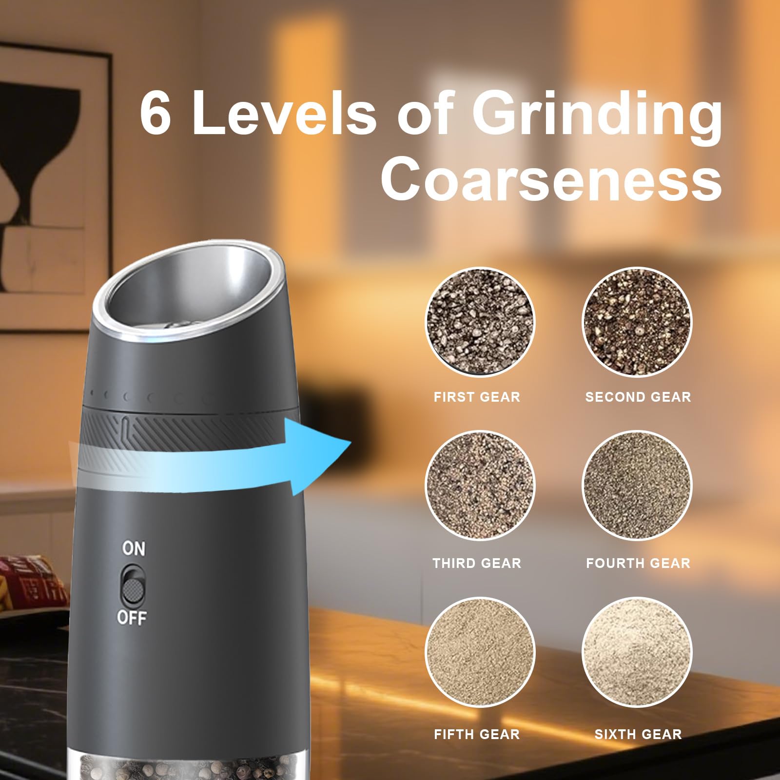 Indelala gravity electric grinder 6-level coarseness for precise seasoning control.
