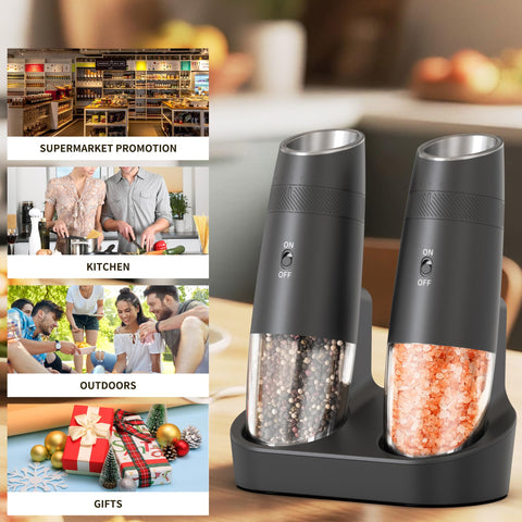 Indelala gravity electric grinder rechargeable base stores two grinders neatly.