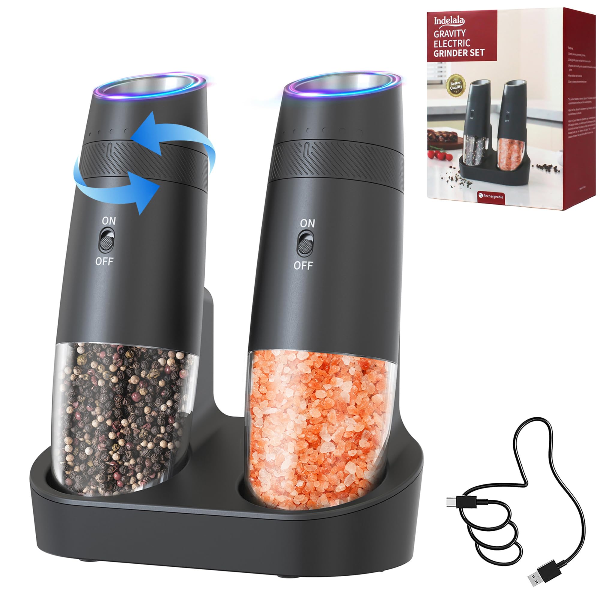 Indelala gravity electric grinder base enables effortless seasoning with one-handed use.