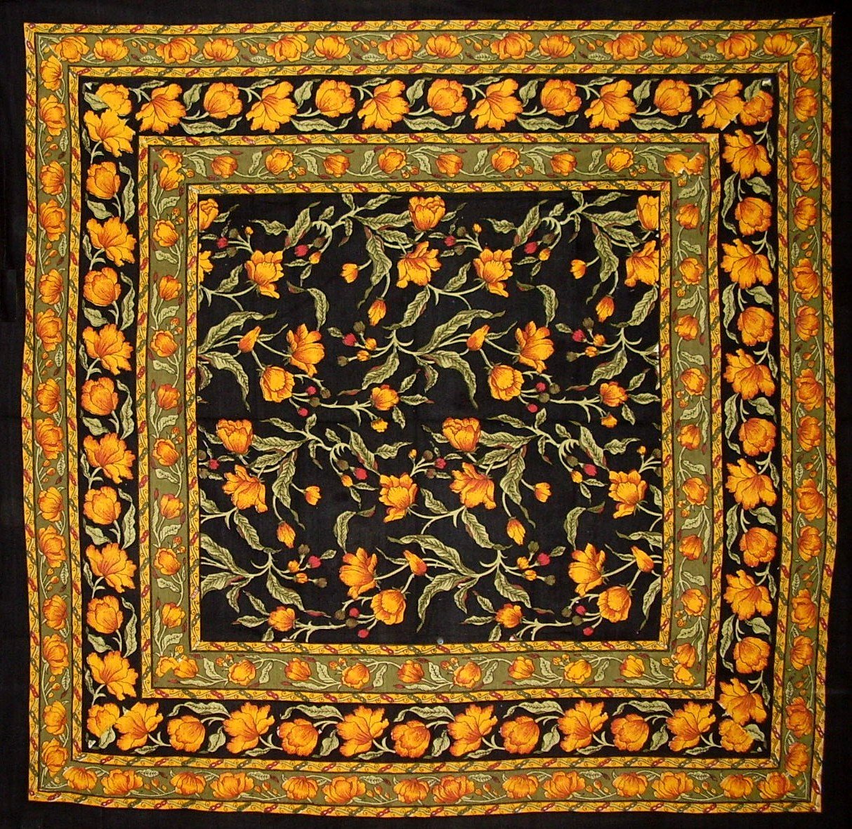 India Arts French Floral square tablecloth amber on black for elegant dining decor.