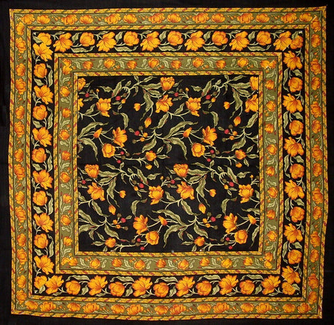 India Arts French Floral square tablecloth amber on black for elegant dining decor.