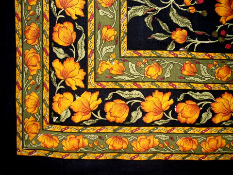 India Arts French Floral square tablecloth amber on black, versatile decor for casual or formal meals.