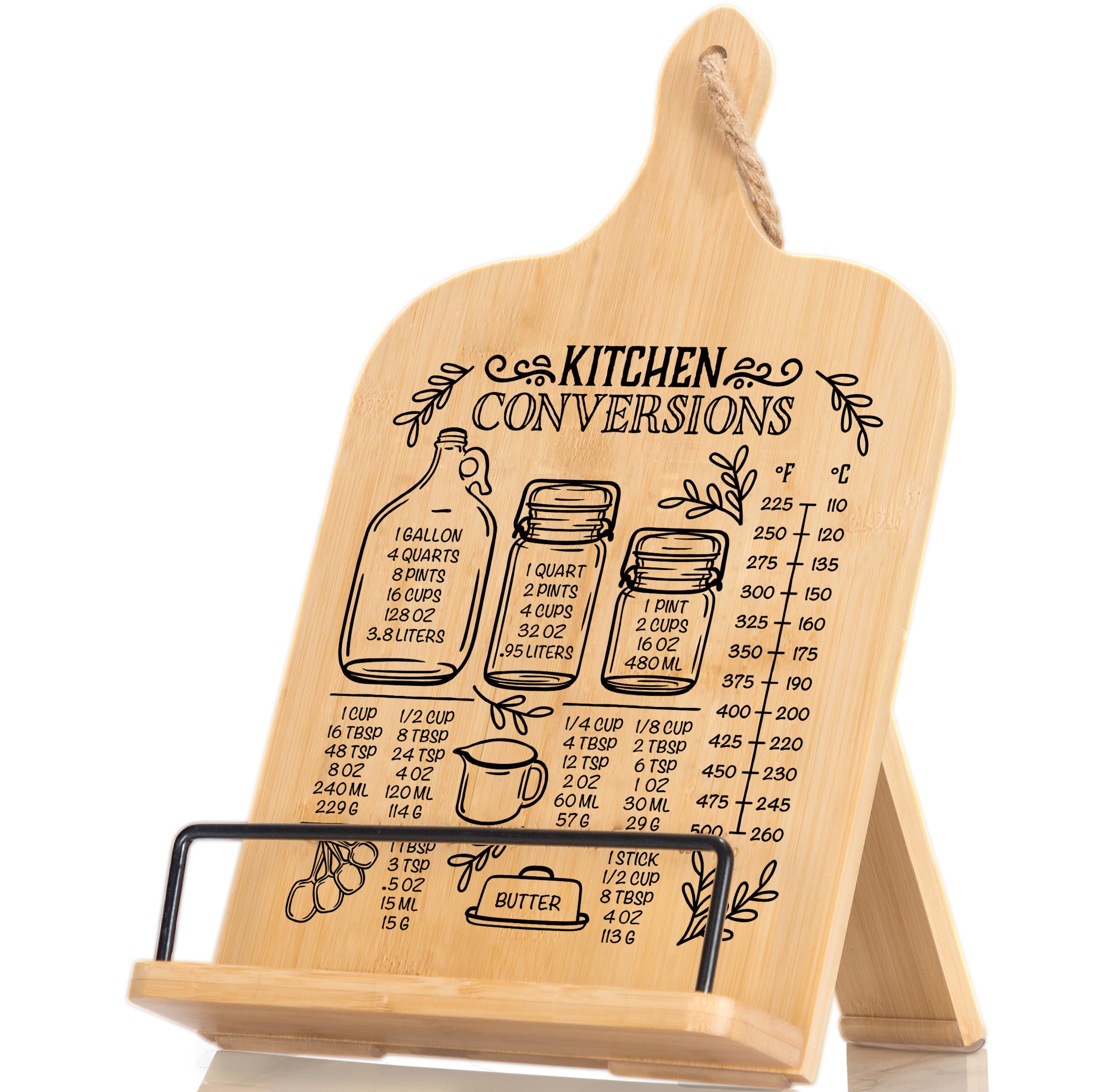 Indirewash kitchen conversion chart cookbook stand on counter with clear measurements for quick reference