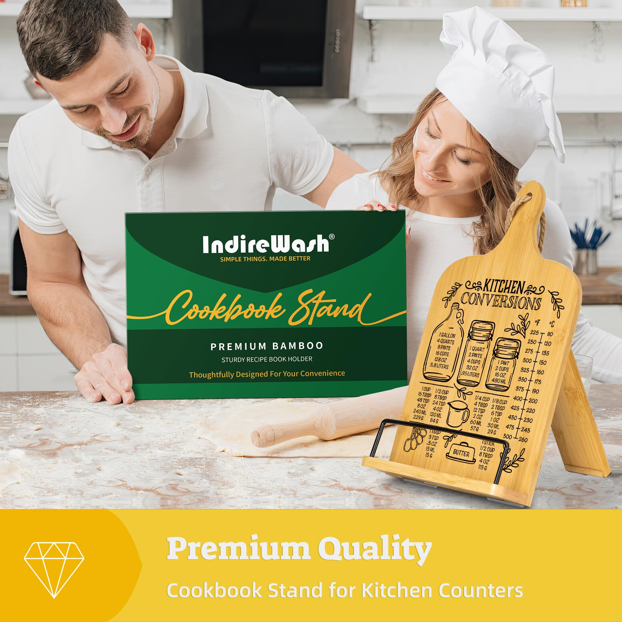 Indirewash wooden recipe holder on countertop highlights natural wood grain and sturdy support