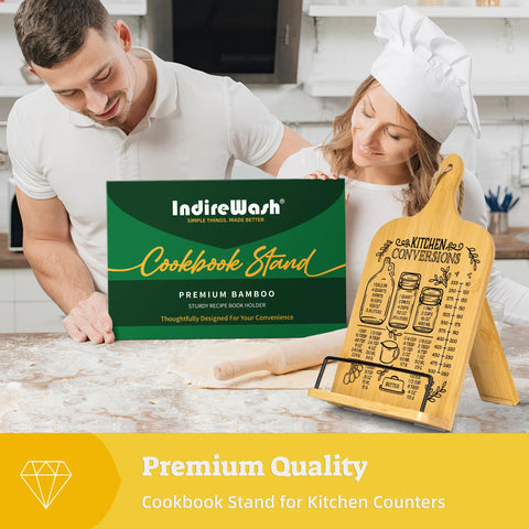 Indirewash wooden recipe holder on countertop highlights natural wood grain and sturdy support