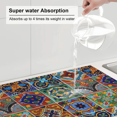 Indokyeyqaz Talavera-patterned mat adds kitchen decor and a touch of color.