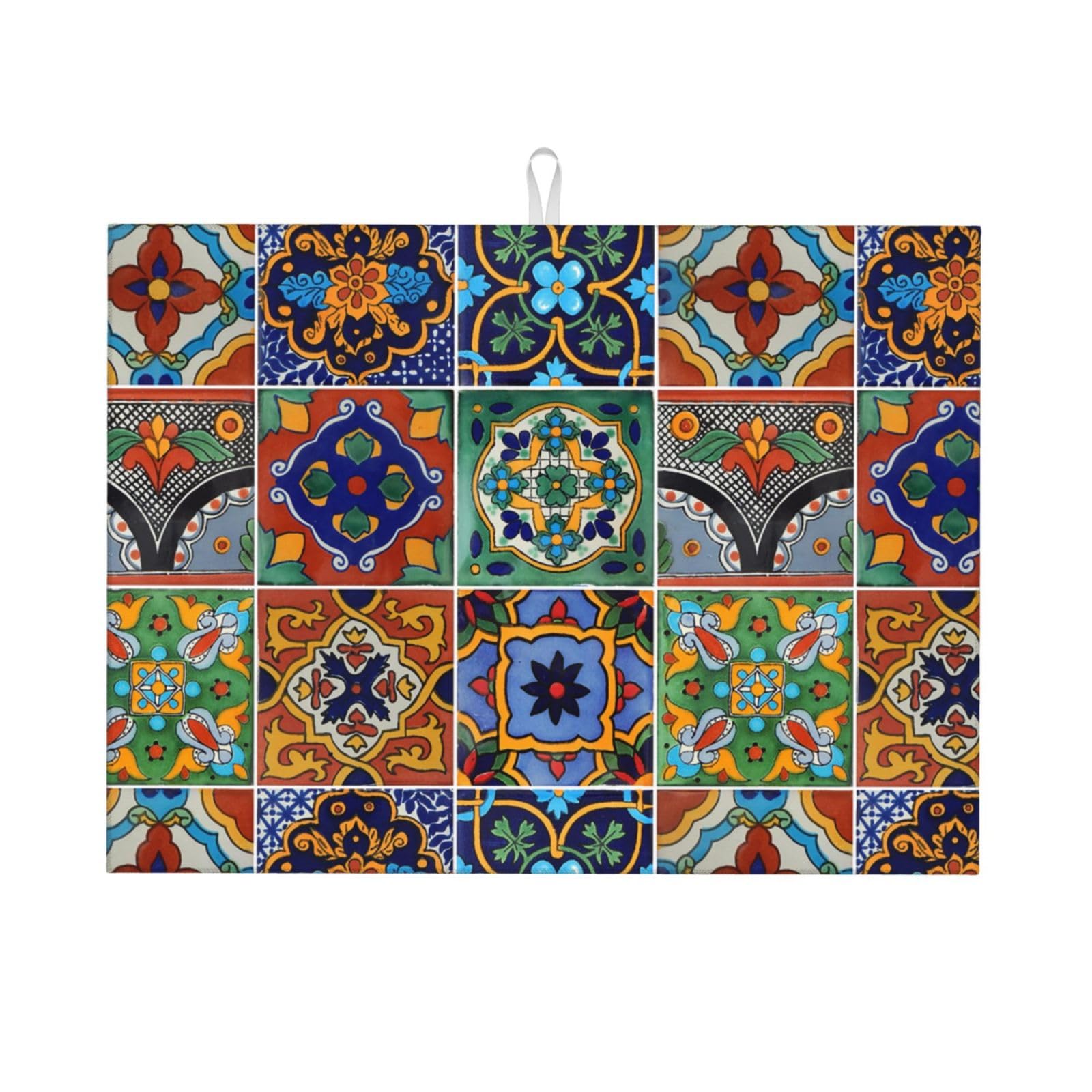 Indokyeyqaz Talavera tiles dish drying mat uses absorbent microfiber for fast water pickup on counter.