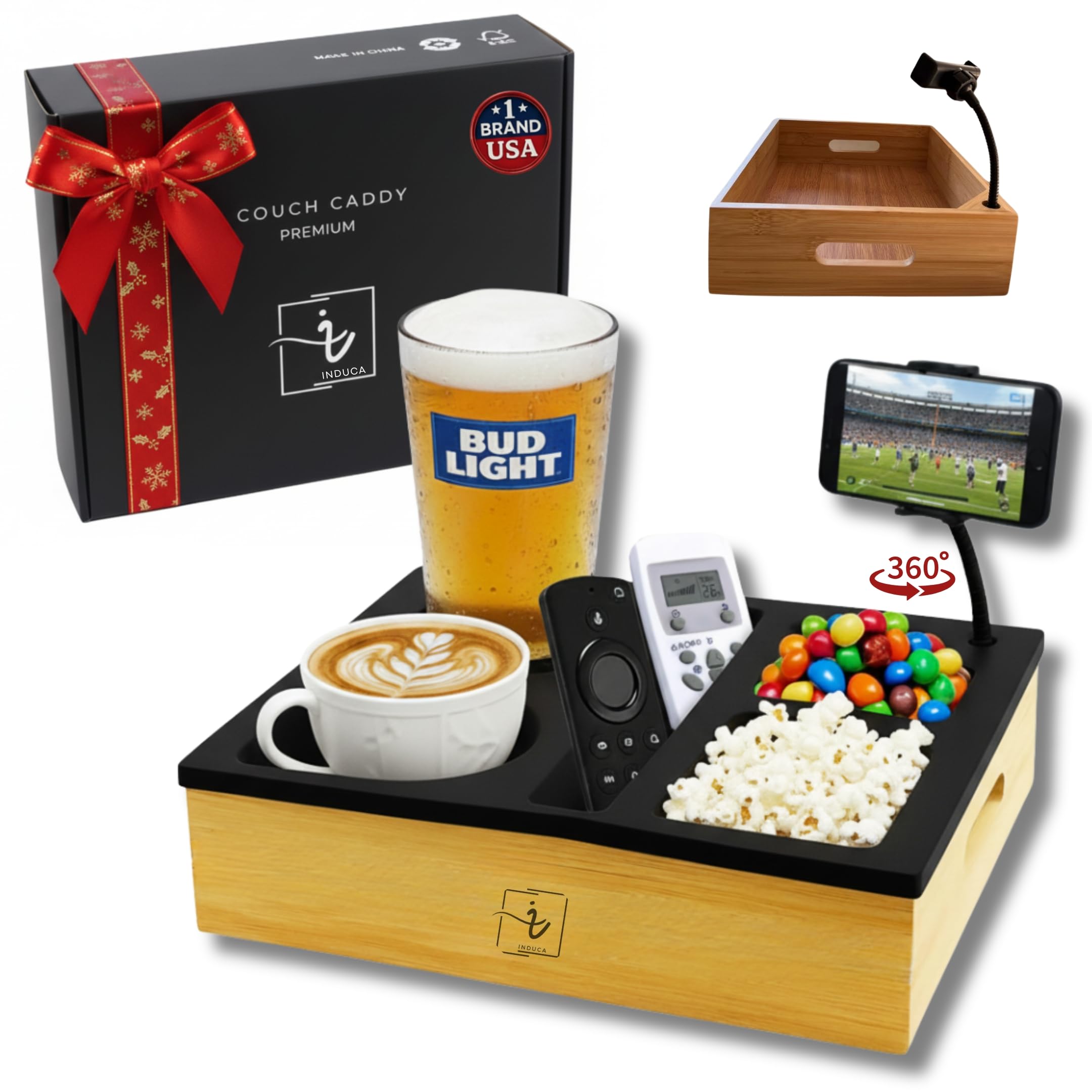 INDUCA Couch Caddy bamboo tray for eco friendly snacks and drinks.