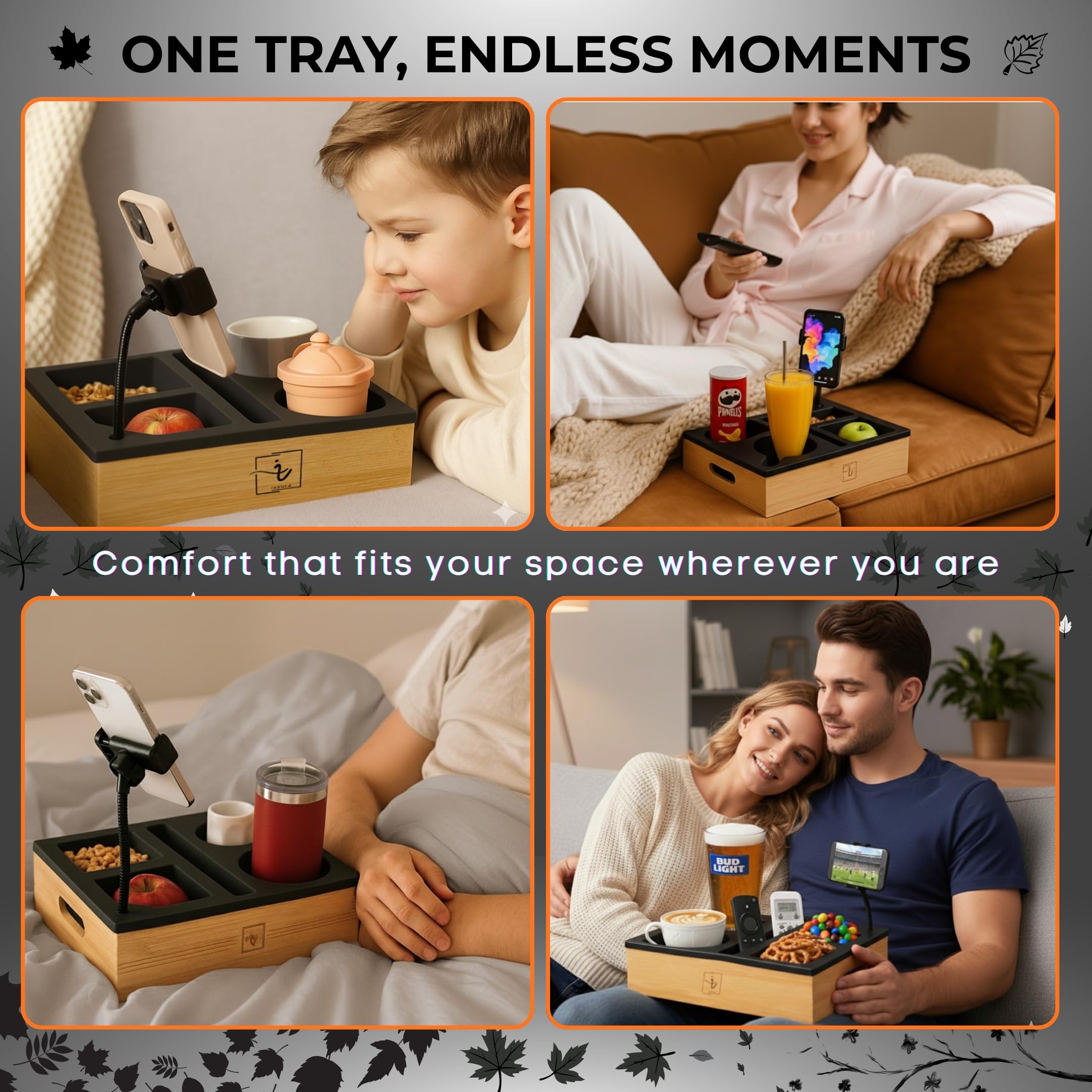 INDUCA Couch Caddy snack area helps tidy treats during downtime.