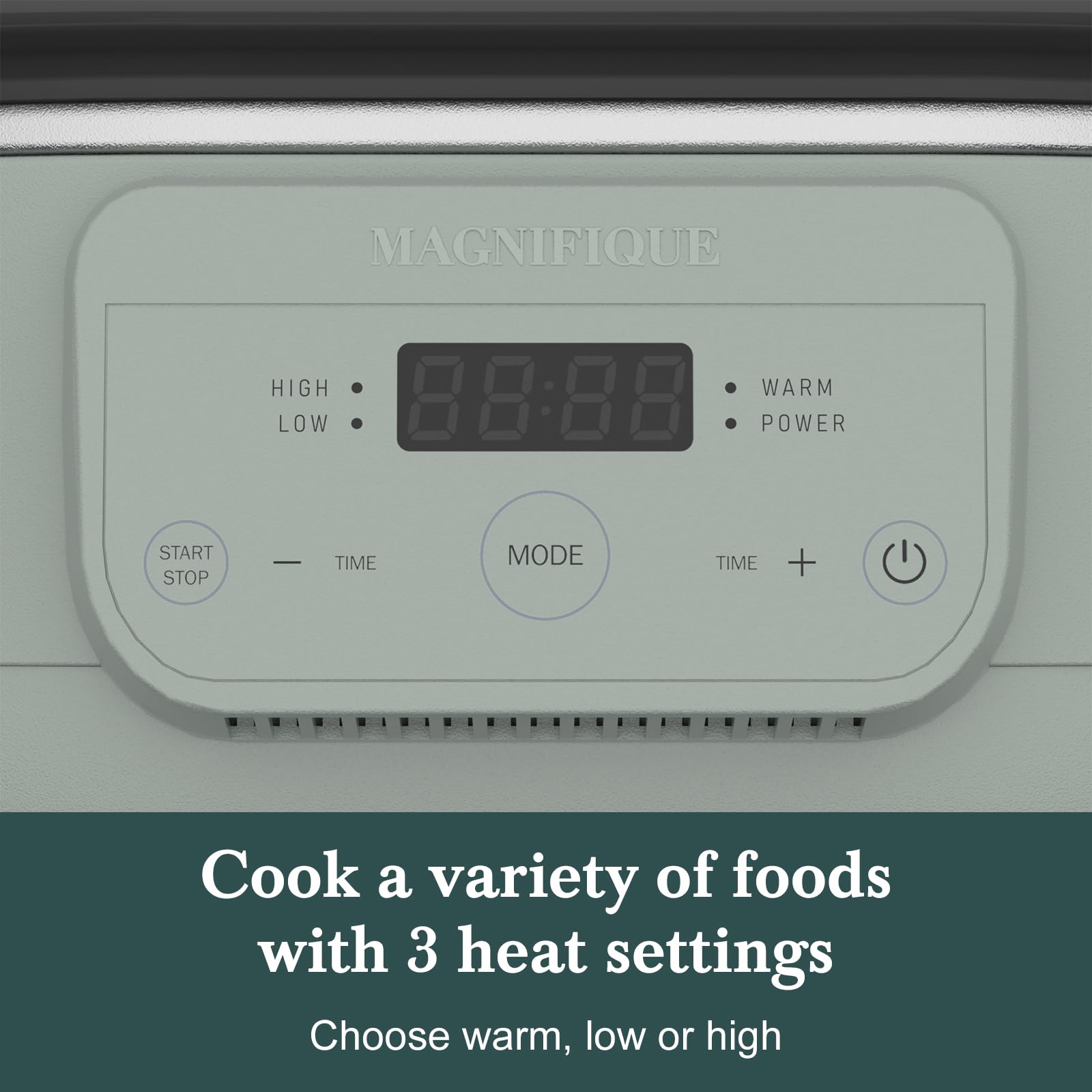 INDY VAC slow cooker control panel demonstrates flexible high, low, and warm settings