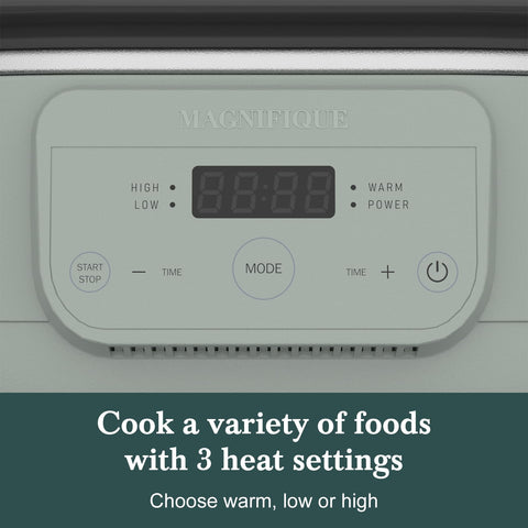 INDY VAC slow cooker control panel demonstrates flexible high, low, and warm settings