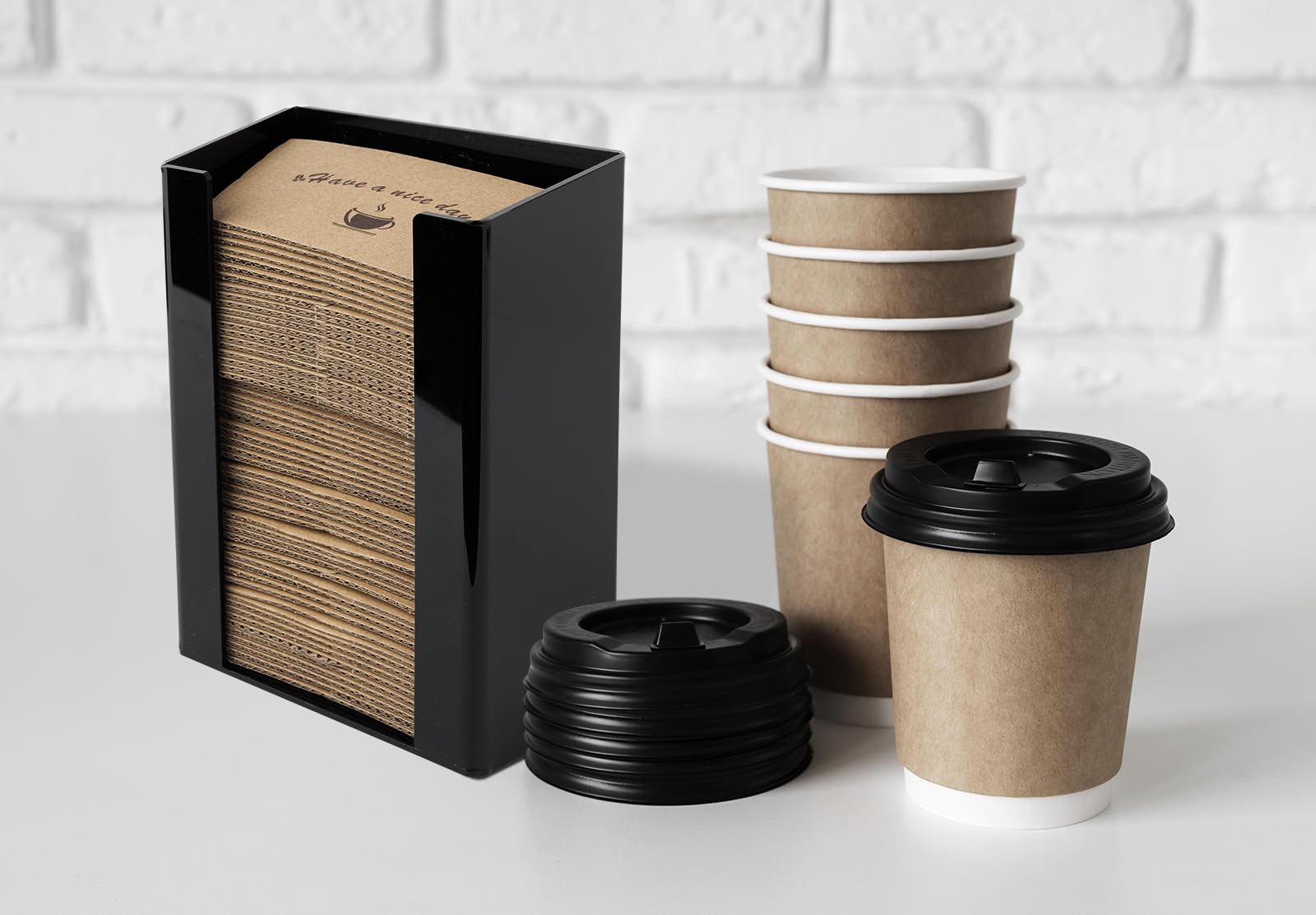 Inevibe black acrylic sleeve organizer blends with coffee stations for a clean look.