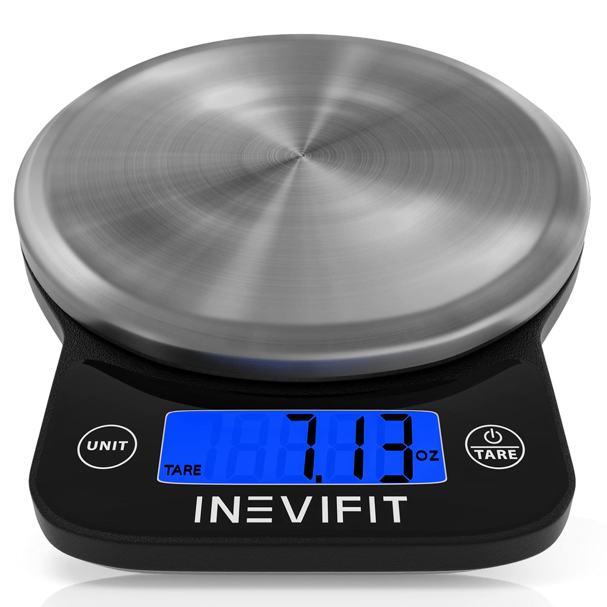 INEVIFIT digital scale with brushed stainless steel platform for precise meal weighing.