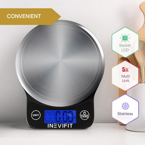 INEVIFIT digital scale tare function enables net-weight measurements.