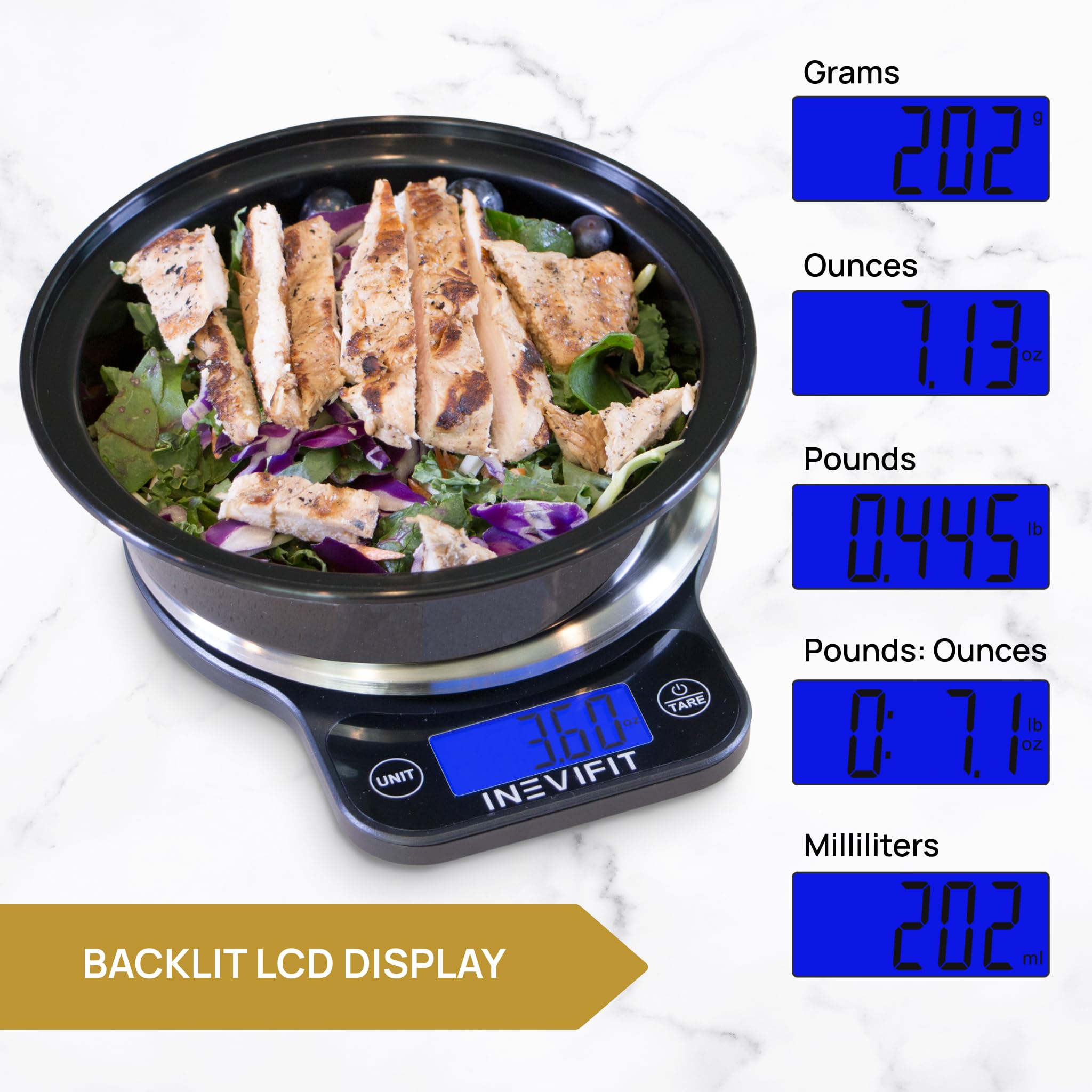 INEVIFIT digital scale units conversion supports grams, ounces, pounds, and milliliters.