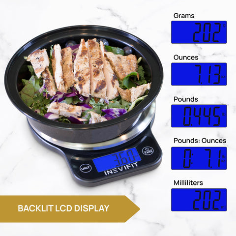 INEVIFIT digital scale units conversion supports grams, ounces, pounds, and milliliters.
