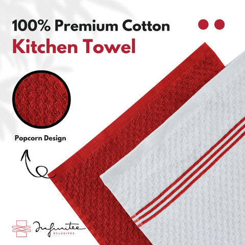 Infinitee Xclusives passionate red towels on rack brighten the kitchen.
