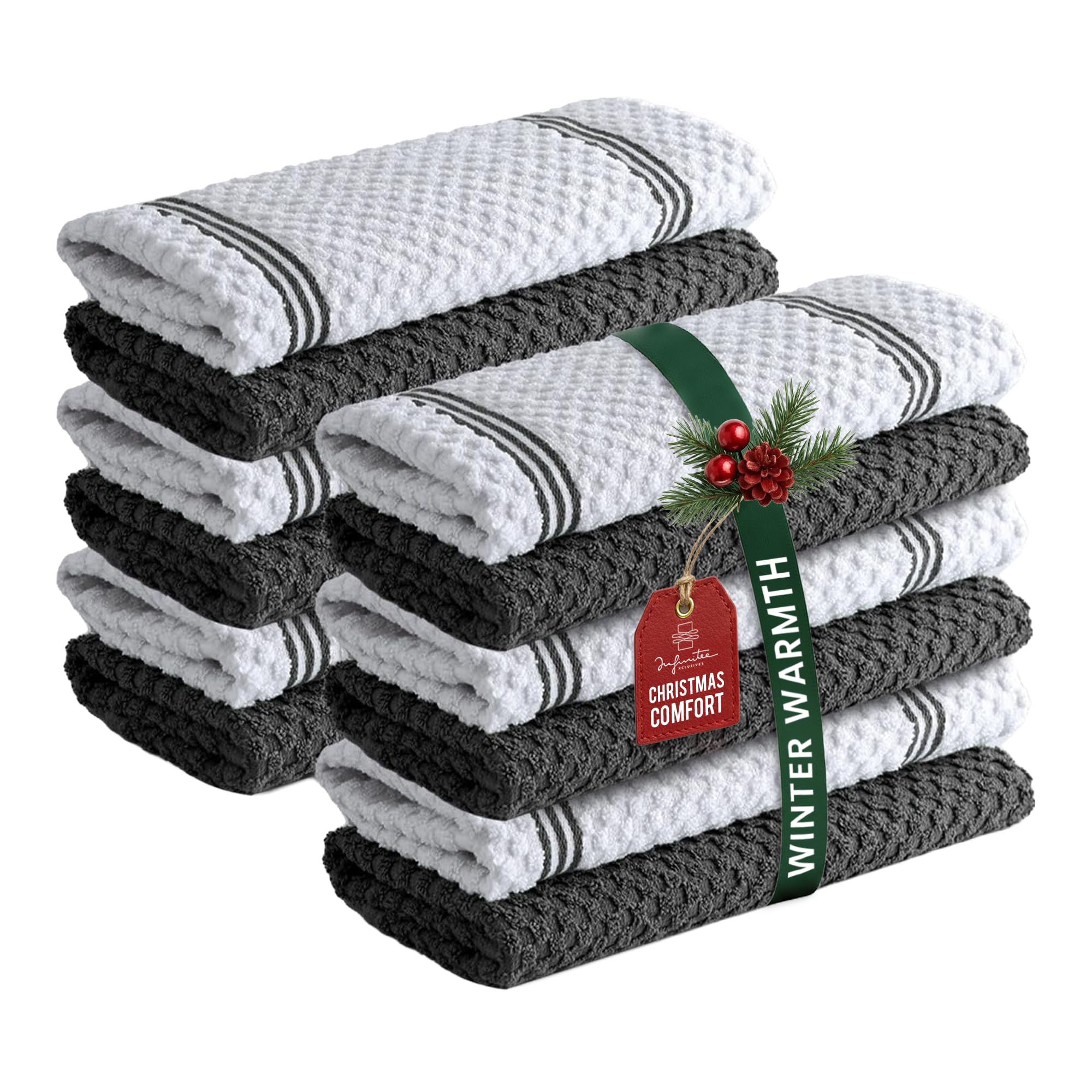 Infinitee Xclusives premium kitchen towels pack 12 with rolled edges for easy storage