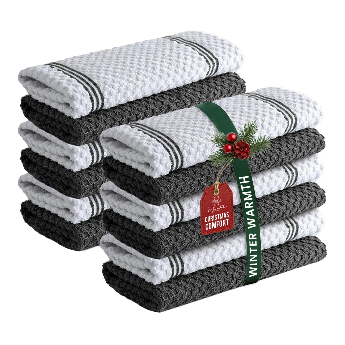 Infinitee Xclusives premium kitchen towels pack 12 with rolled edges for easy storage