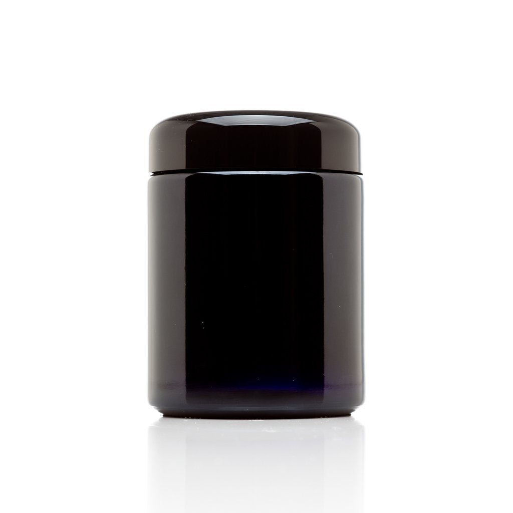 Infinity Jars 250 ml tall black UV glass jar close-up showing light protection for freshness.