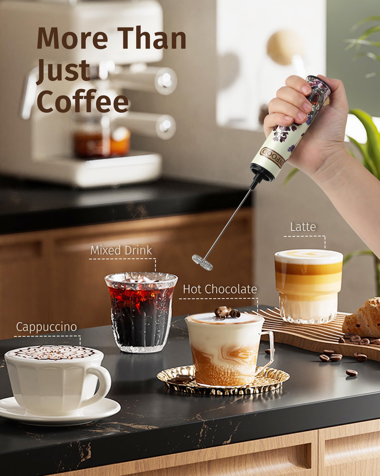 INFOOD milk frother easy-clean design with removable whisks.