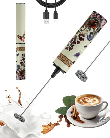 INFOOD milk frother rechargeable with cover enhances vintage floral kitchen style.