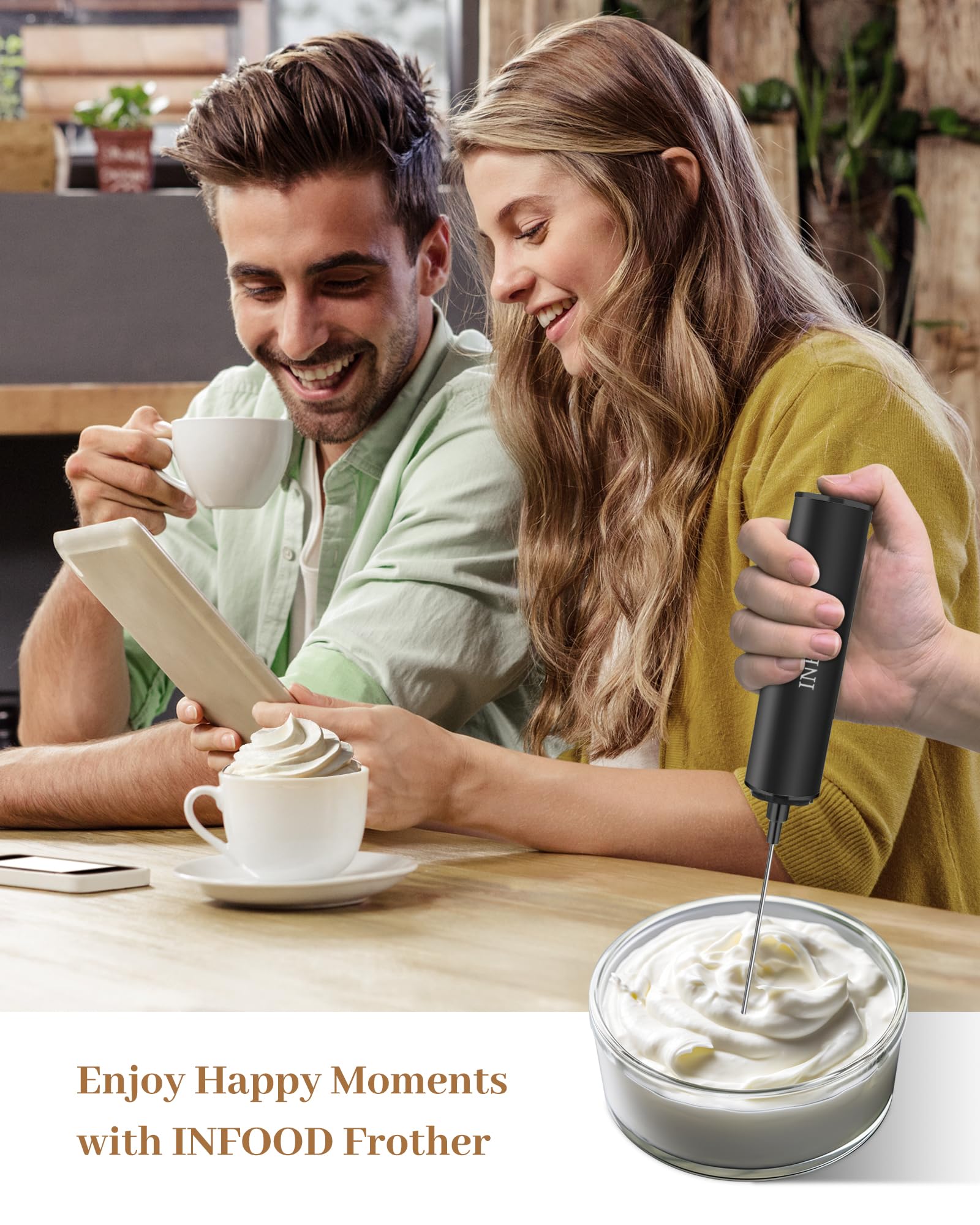 INFOOD Milk Frother USB recharge enables cordless frothing anywhere.